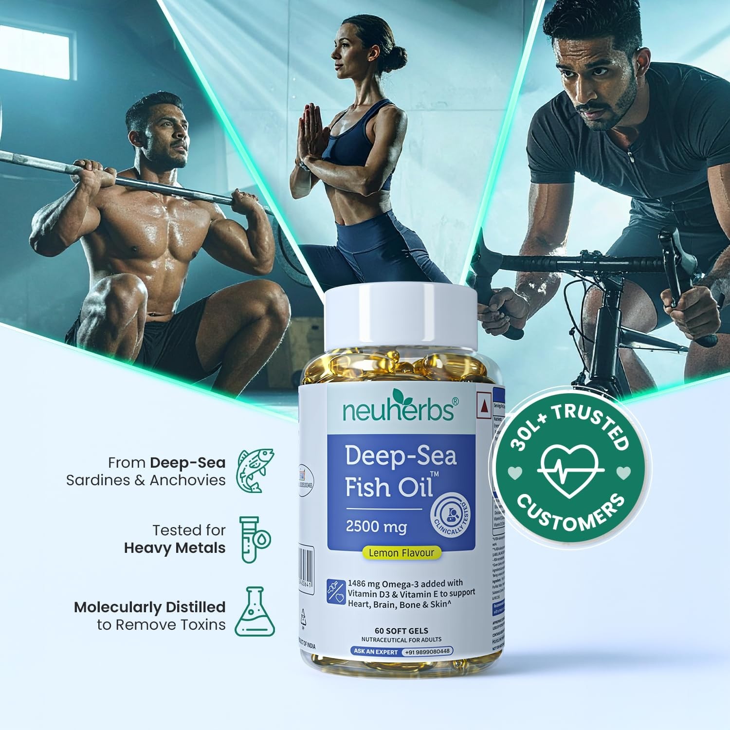 Neuherbs Deep Sea Omega 3 Fish Oil 2500mg High Strength Lemon Softgels 60 Count