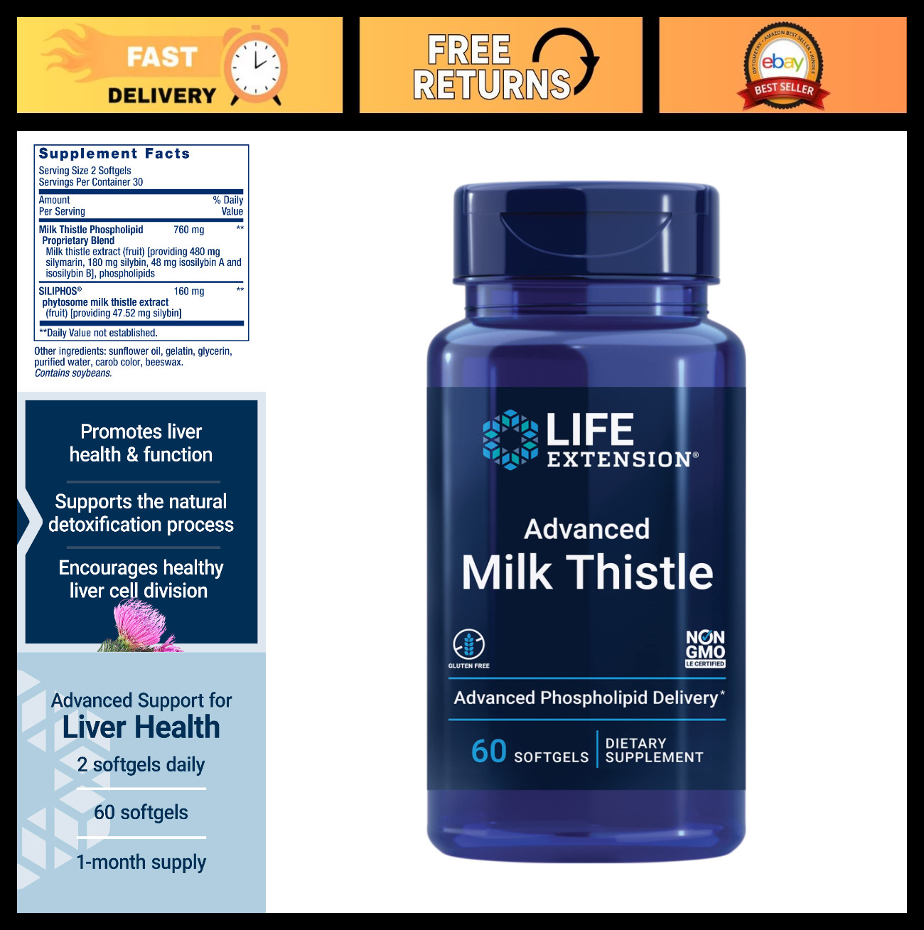 Milk Thistle Extract 60 Softgels – Supports Liver Health, Non-GMO, Gluten-Free,