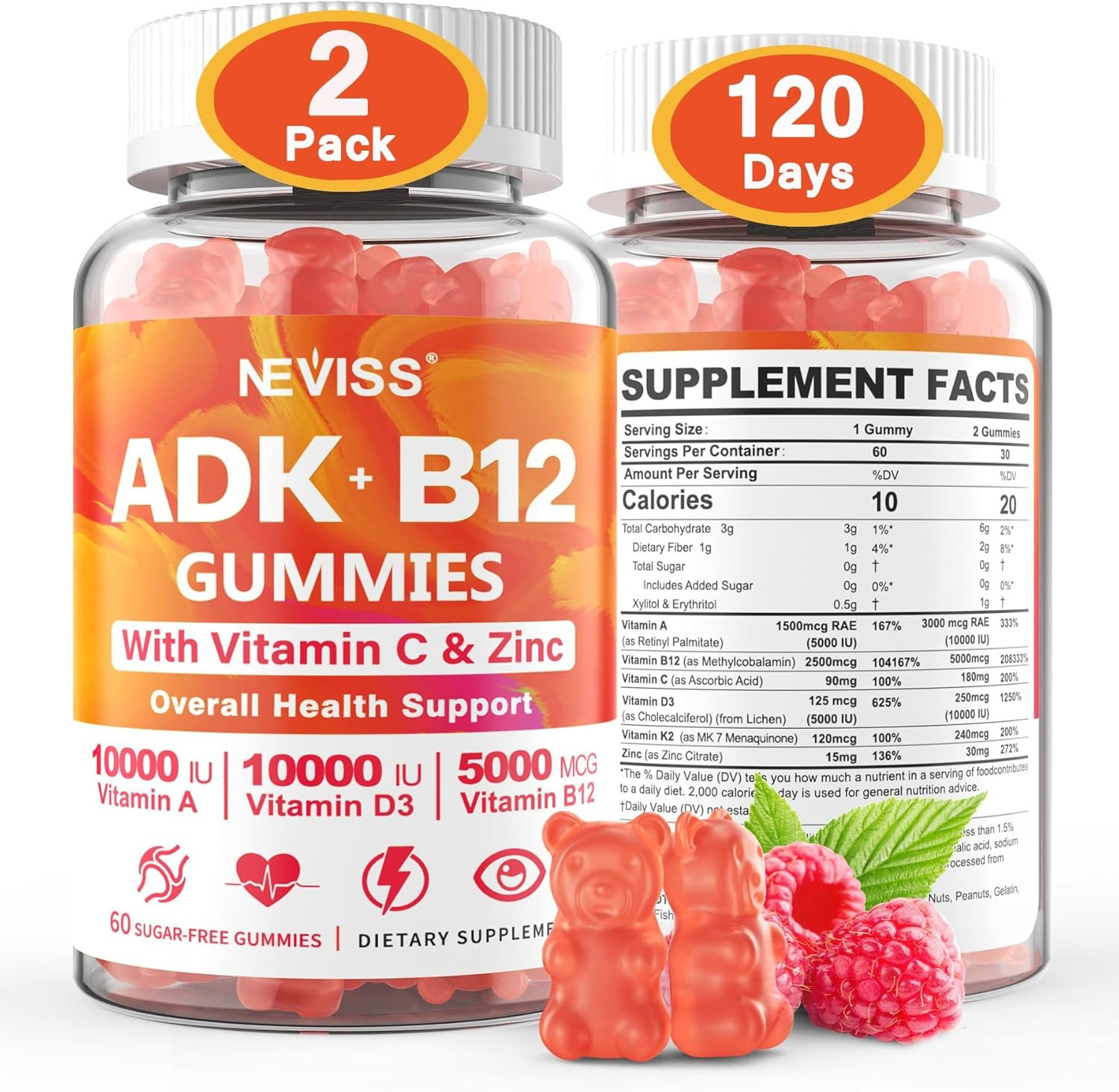 Sugar-Free Adk+Vitamin B12 Gummies – Vitamin D3 K2 10,000IU/ 5000IU, B12 5000…