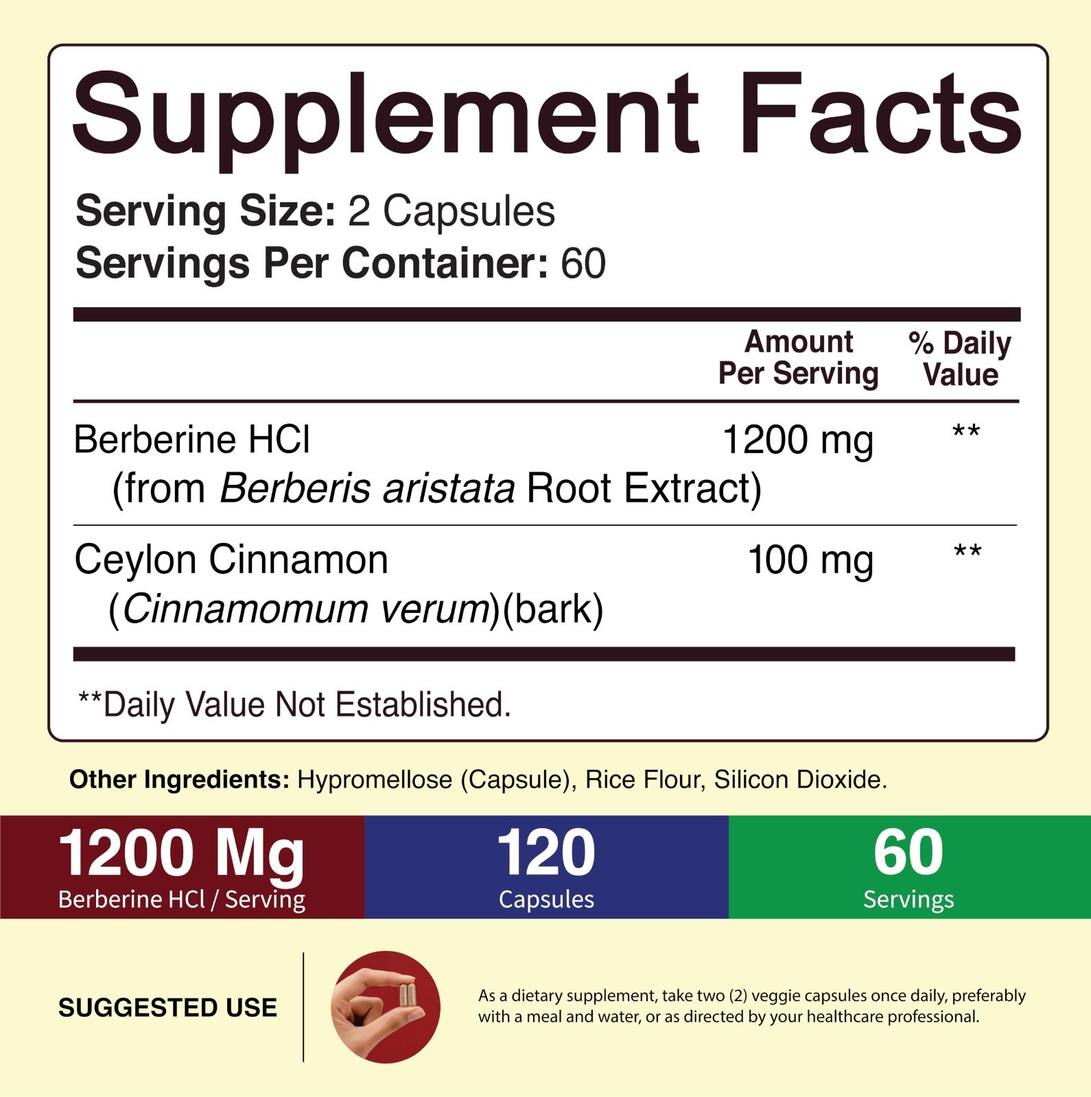 Berberine HCl 1200mg Capsules with Ceylon Cinnamon – Dietary Supplement, 120 Pil