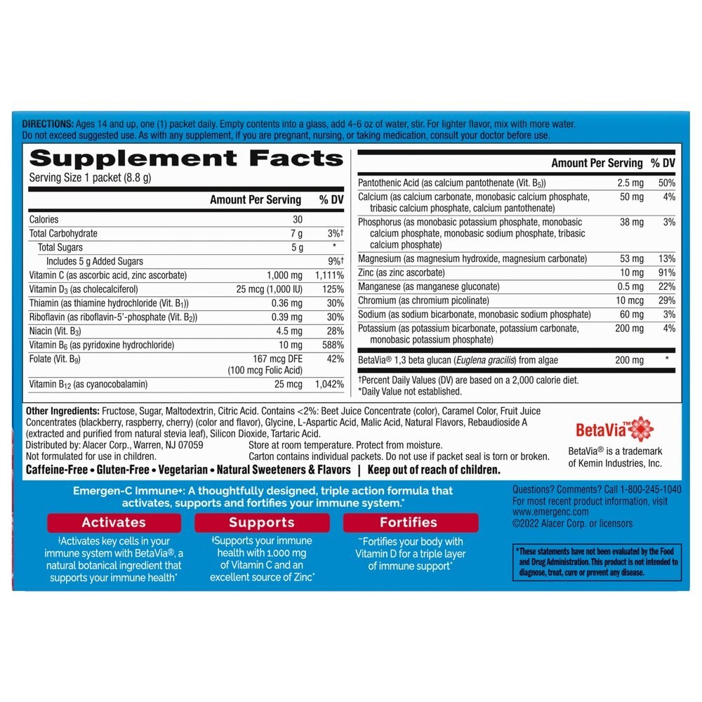 Emergen C Immune+ Raspberry Flavor 30 Packs, Exp 09/2026