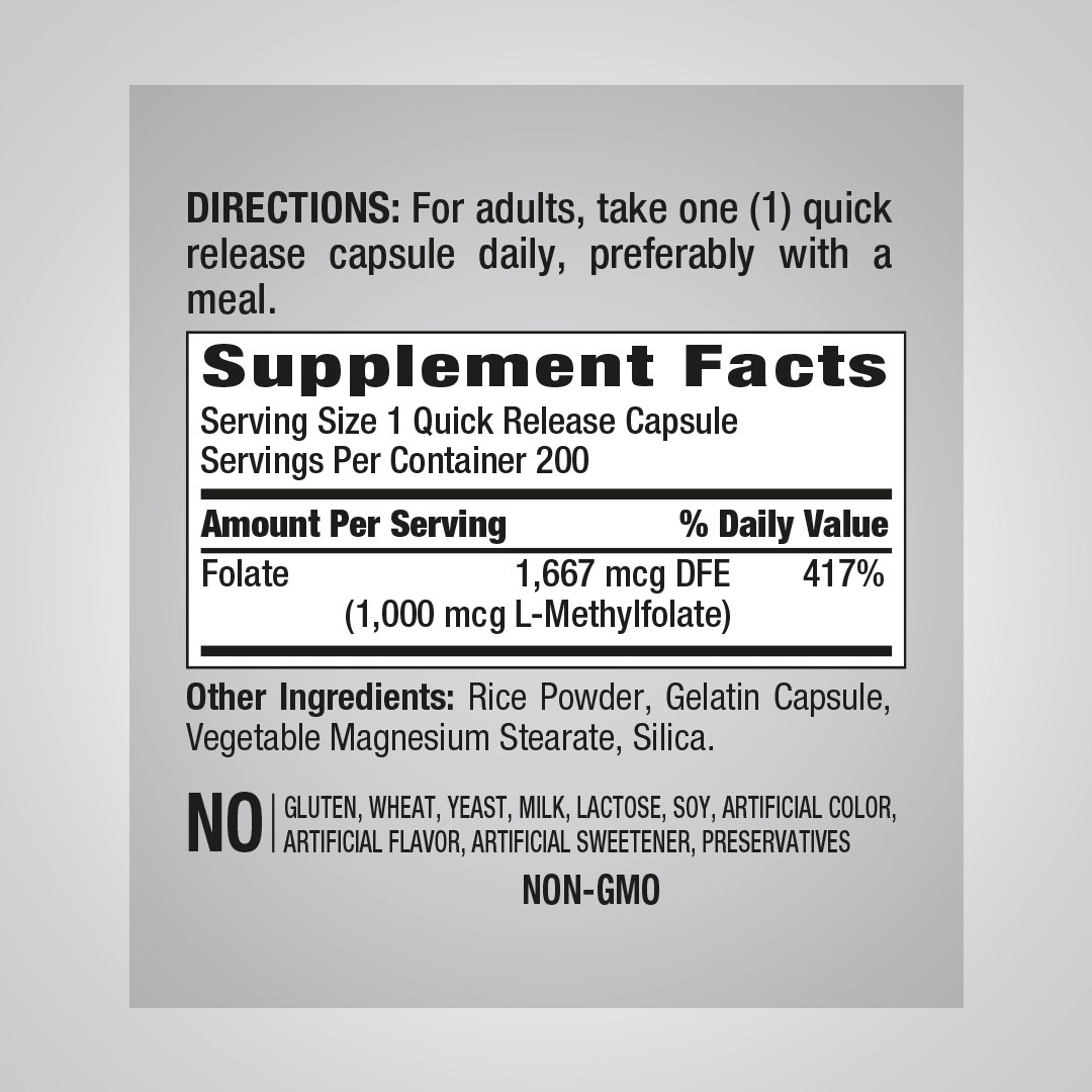 L-Methylfolate 1000 mcg | 200 Capsules | Optimized & Activated | by Piping Rock
