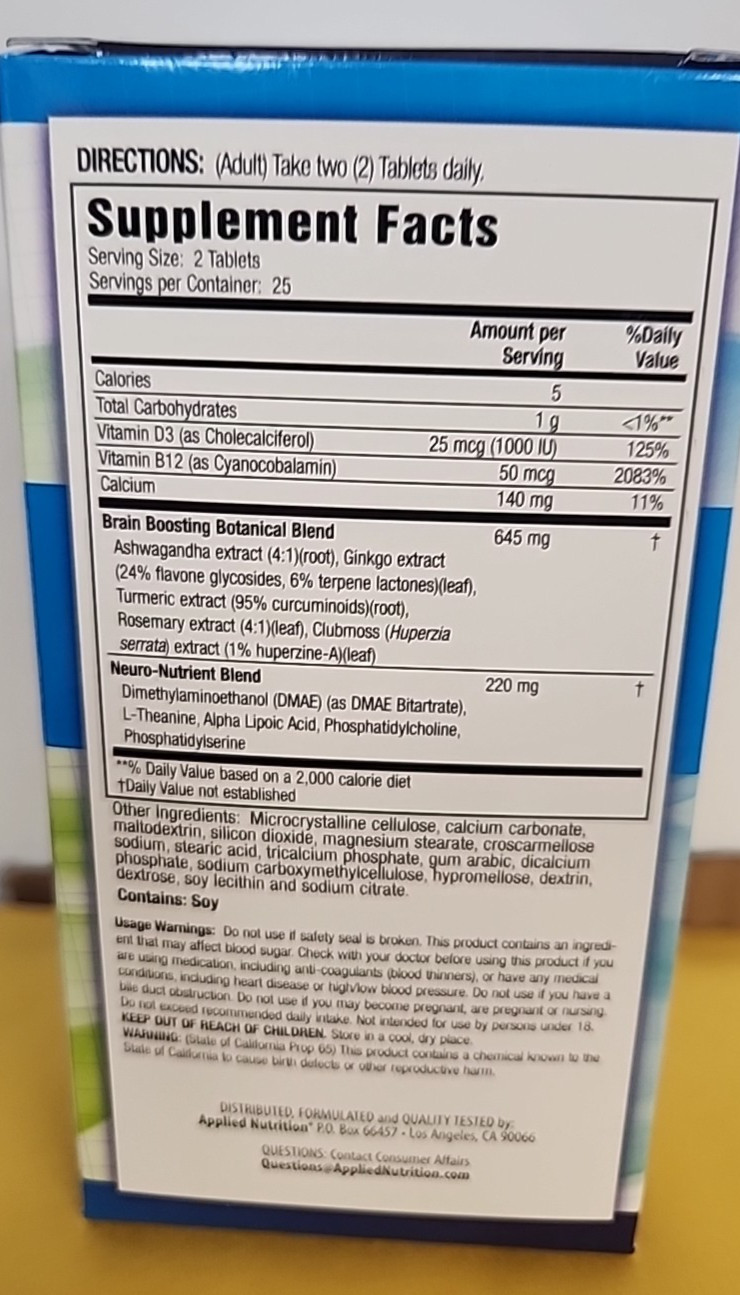 AppliedNutrition Healthy Brain All-Day Focus/2 pack/ 50 Tablets each/100 total