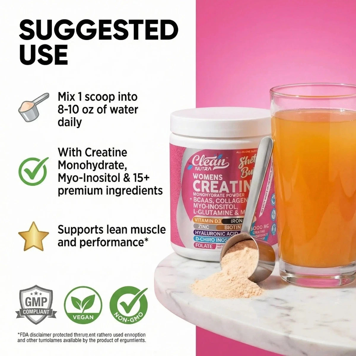 Clean Nutra Women Creatine Powder Collagen Inositol Muscle Hormone Support