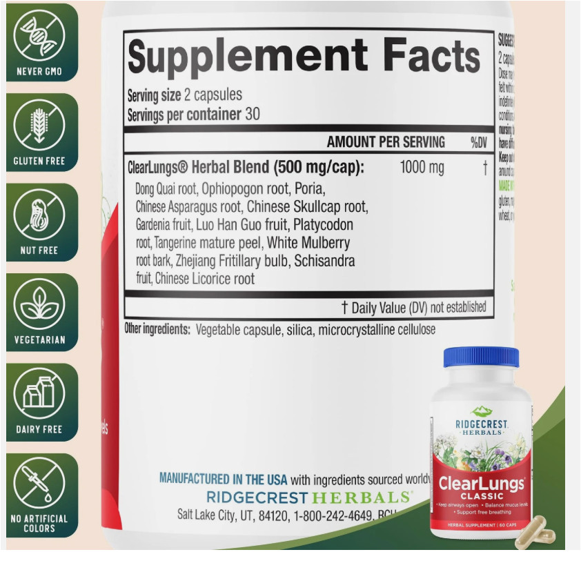 RidgeCrest ClearLungs Classic – 60 Vegan Caps PACKAGING MAY VARY – EXP. 2/2029