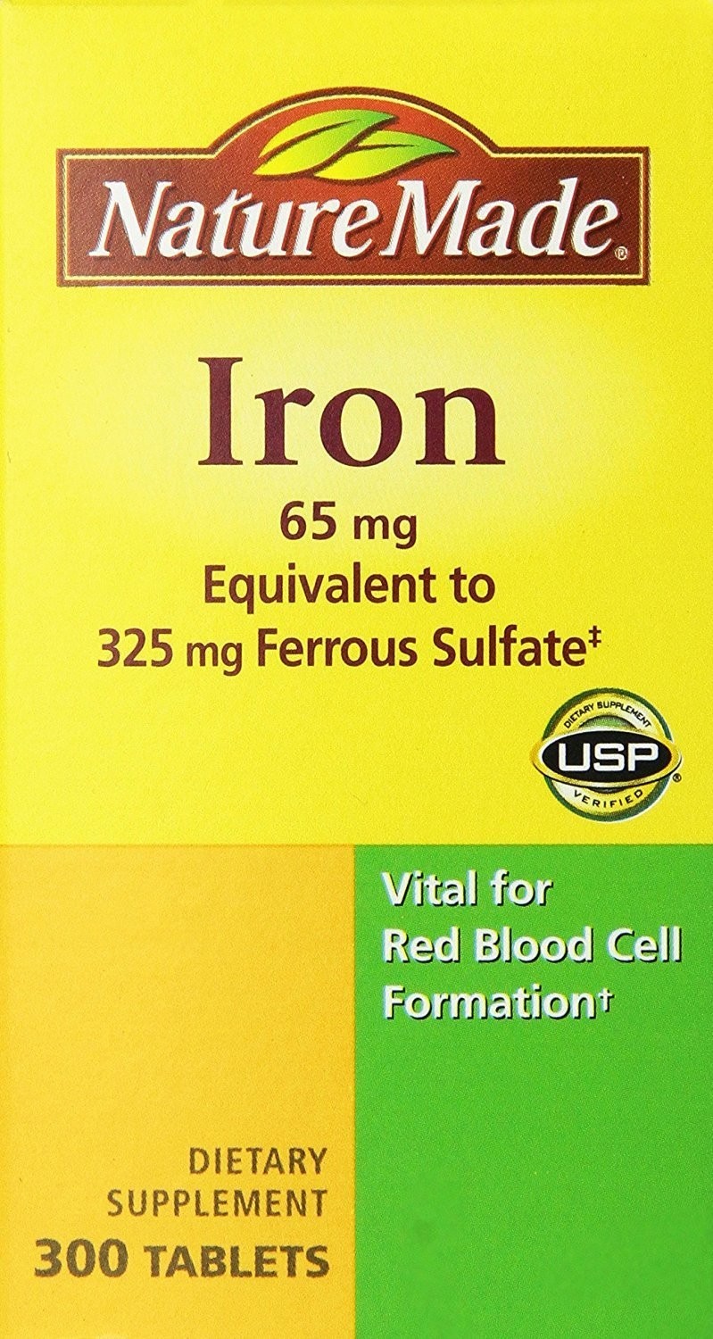 Iron 65mg Supplement – Equivalent to 325mg Ferrous Sulfate – 300 Tablets, Suppor
