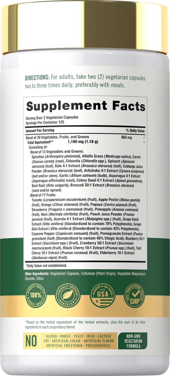Fruits & Veggies Supplement – 250 Capsules, 30 Superfoods, Vegetarian, Non-GMO,
