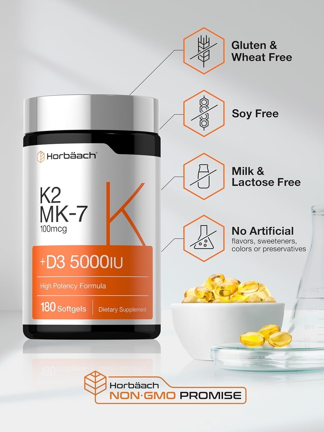 Horbäach Vitamin D3 K2 5000 iu | 100mcg MK-7 Complex | 180 Softgel Capsules | No