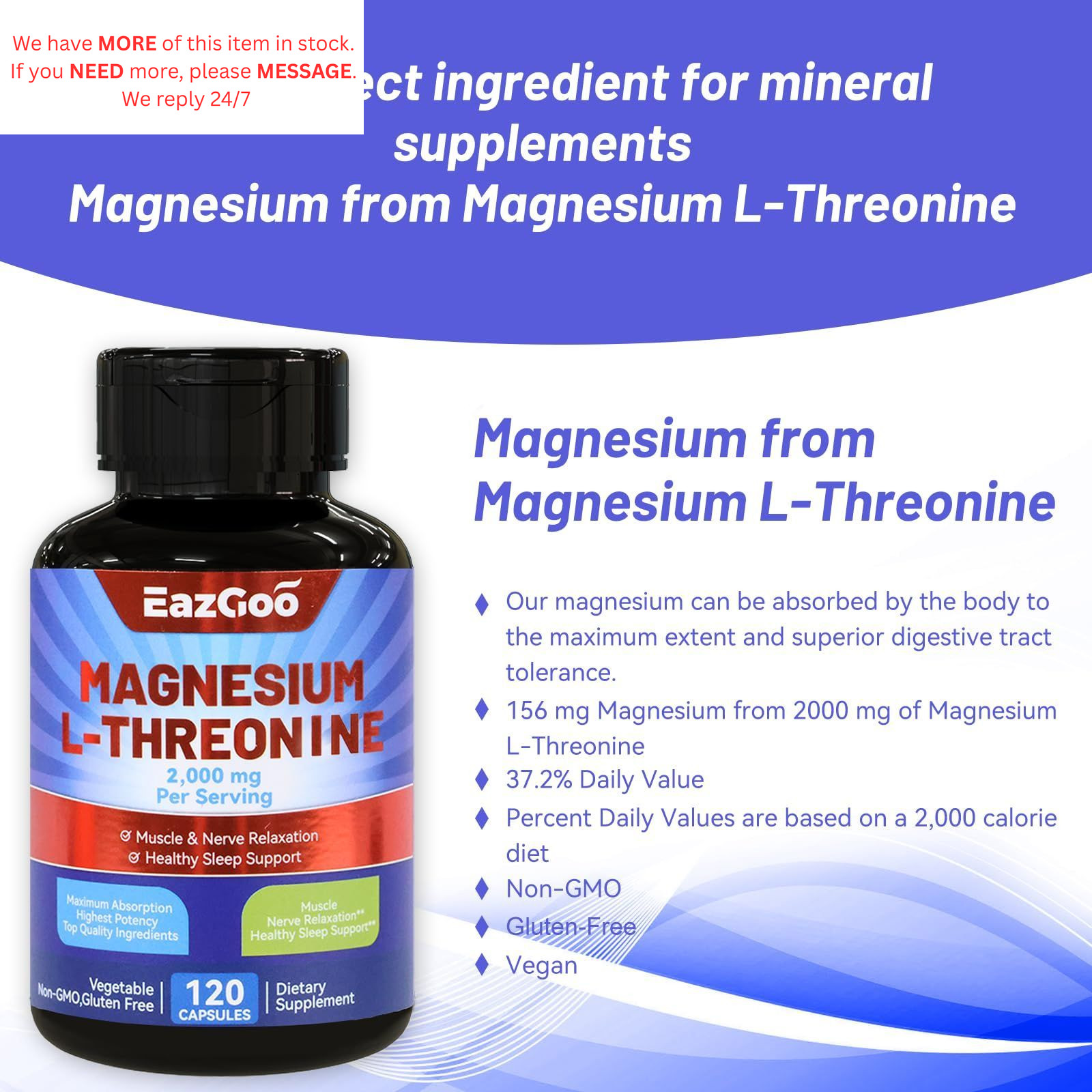 EAZGOO Magnesium L-Threonine Supplement, Mineral 120 Count (Pack of 1)