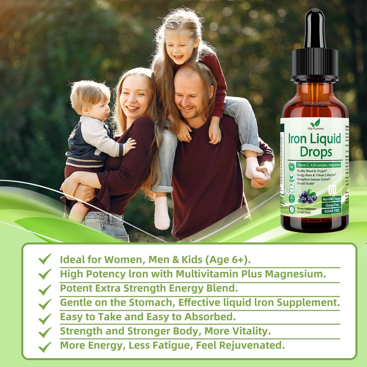 Liquid Iron Supplement for Women Men & Kids, Vegan Iron Drops with Vitamin C D,