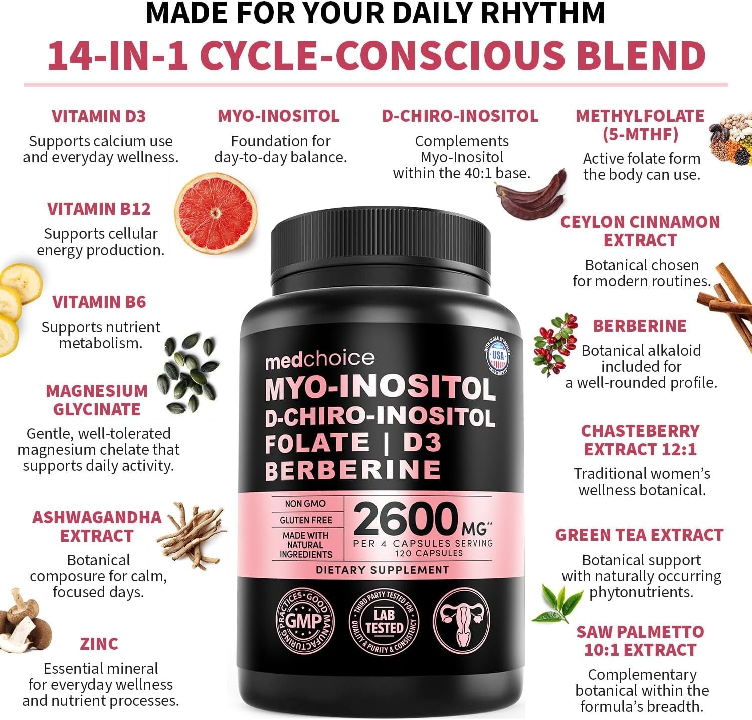 14-in-1 Women’s Inositol Complex Supplement – 40:1 Myo & D-Chiro Inositol wit…