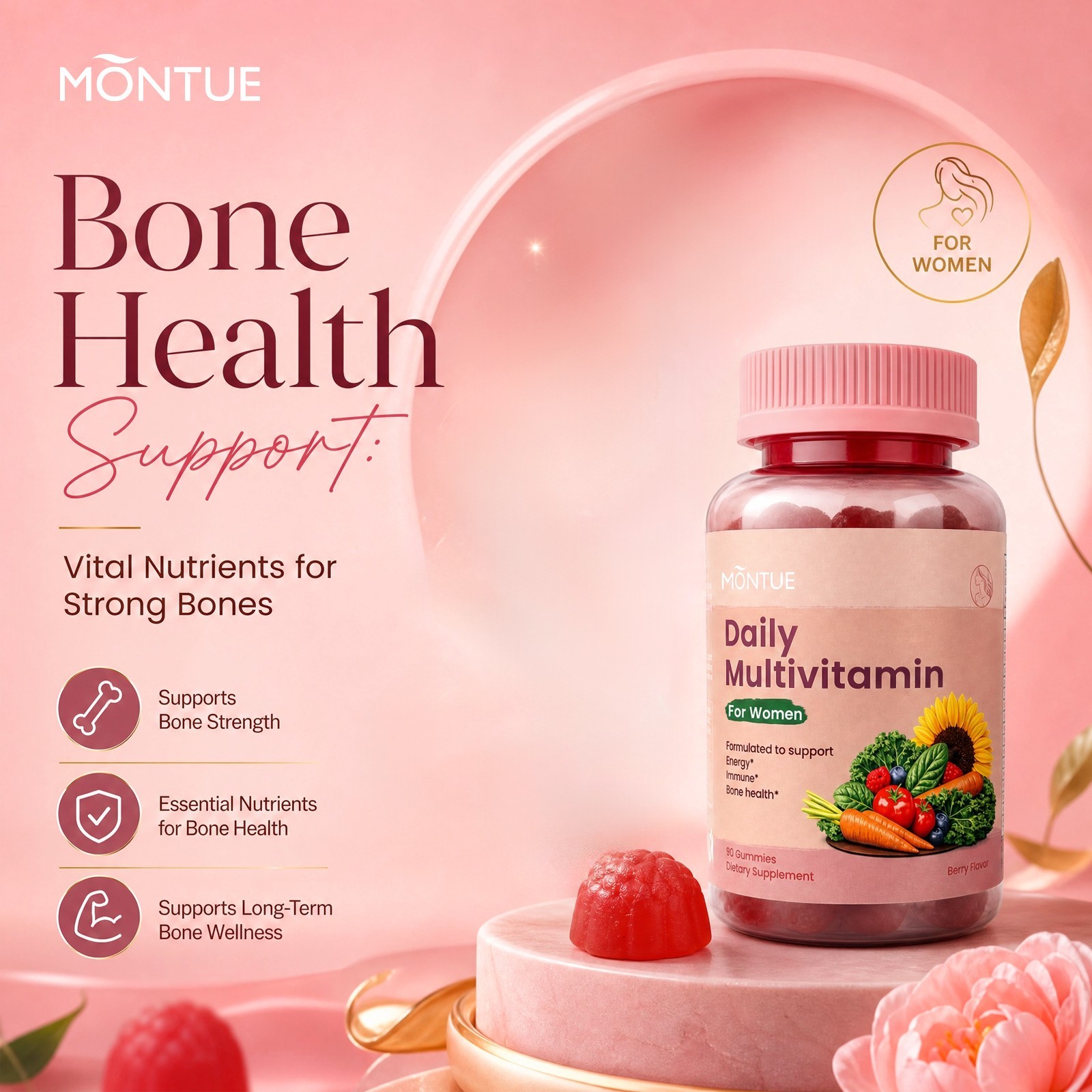 Montue Women’s Multivitamin Gummies A C D3 E B6 B12 Biotin Folate K2 Zinc 90 Ct