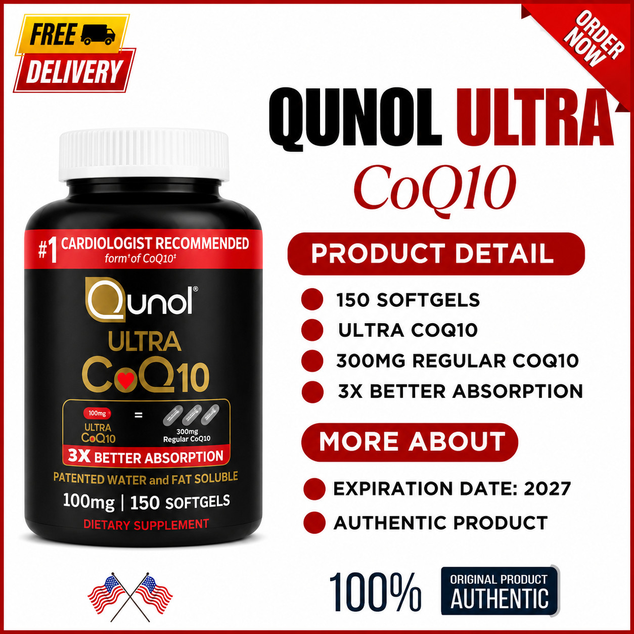 Qunol Ultra CoQ10 – 100 mg – 150 Softgels / NEW & SEALED