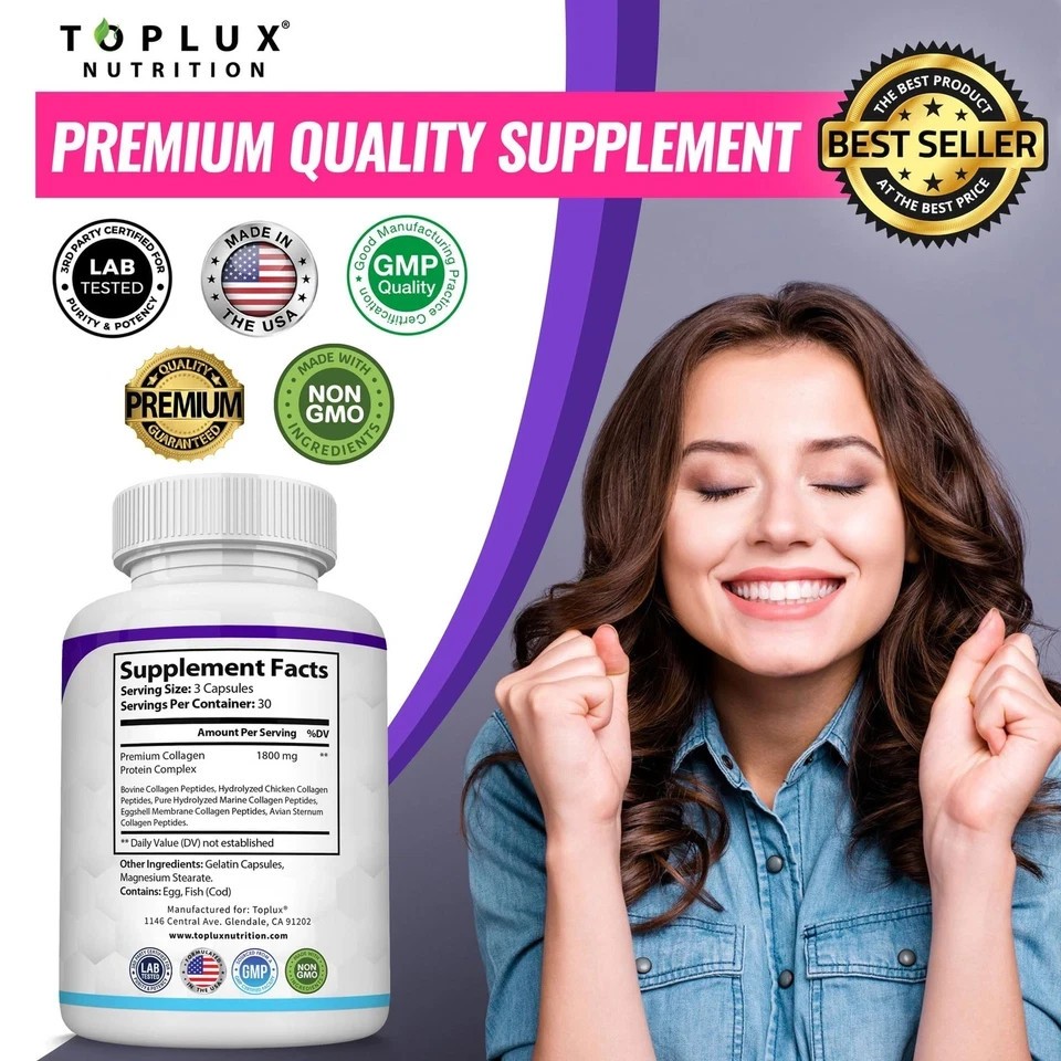 Toplux Multi Collagen Peptides 1800mg Types I II III V X 180 Capsules–