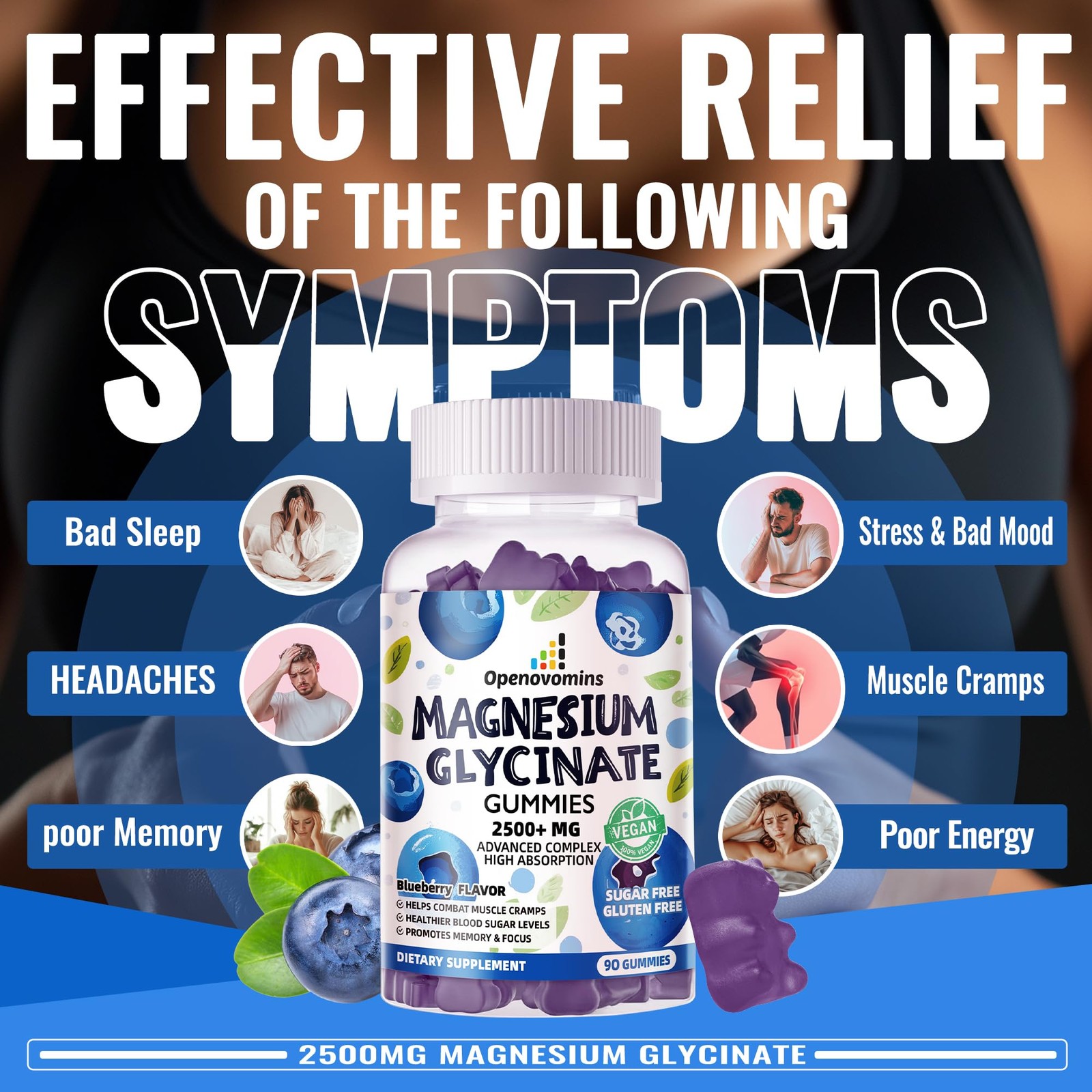 Magnesium Glycinate Gummies 2500mg – Sugar 90 Count (Pack of 1), Blueberry