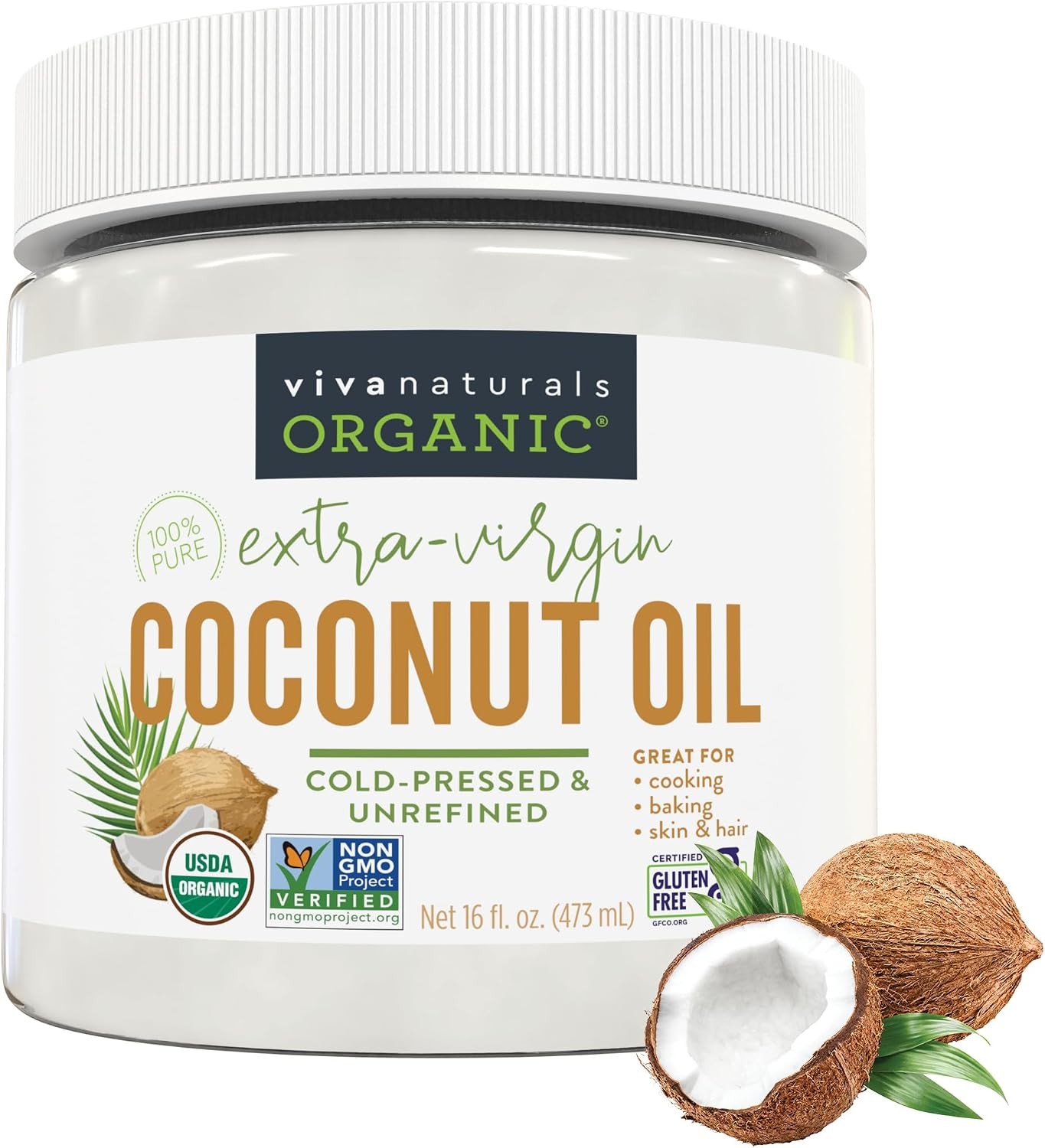 Viva Naturals Organic Coconut Oil, 16 fl oz – Unrefined, Cold-Pressed Extra Virg