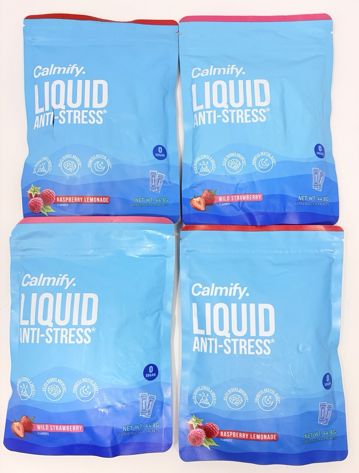 Lot of 4 Calmify Liquid Anti Stress Drink Powder Sticks Strawberry Raspberry