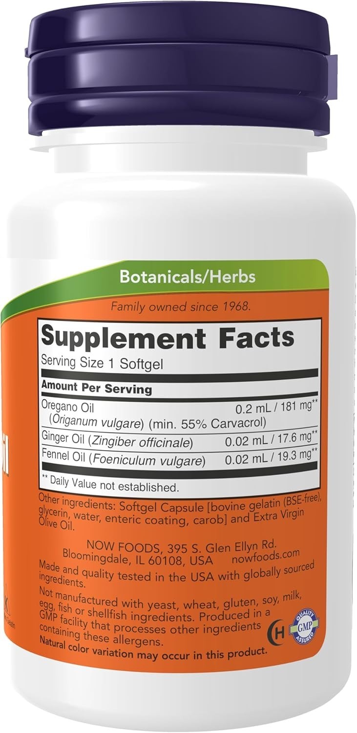 NOW Foods Oregano Oil Softgels 90s – Enteric Coated Digest Support Ginger Fennel