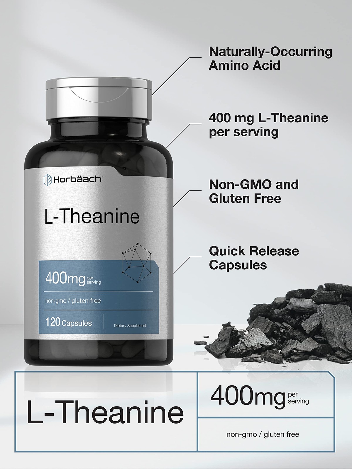 Horbäach L-Theanine Supplement | 400mg | 120 Powder 120 Count (Pack of 1)