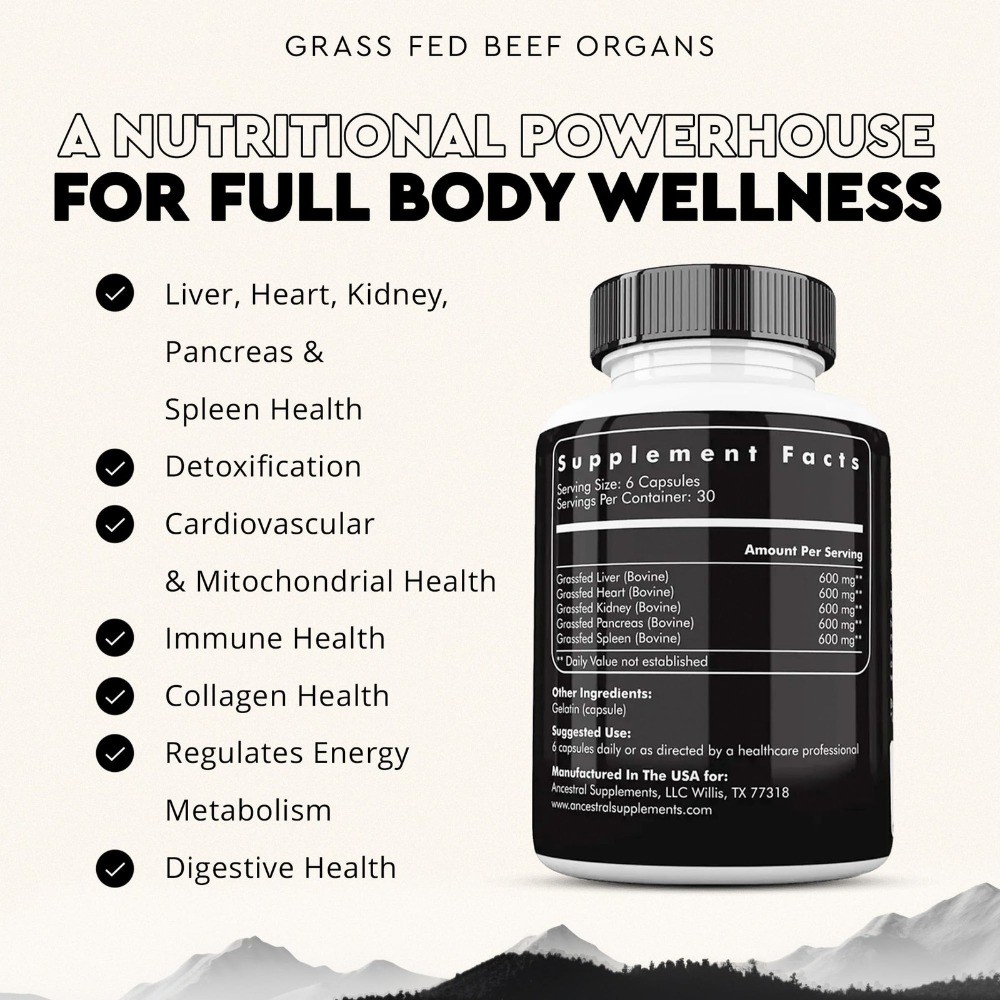 Ancestral Supplements Grass Fed Beef Organ Supplement, Boost metabolism-180 caps