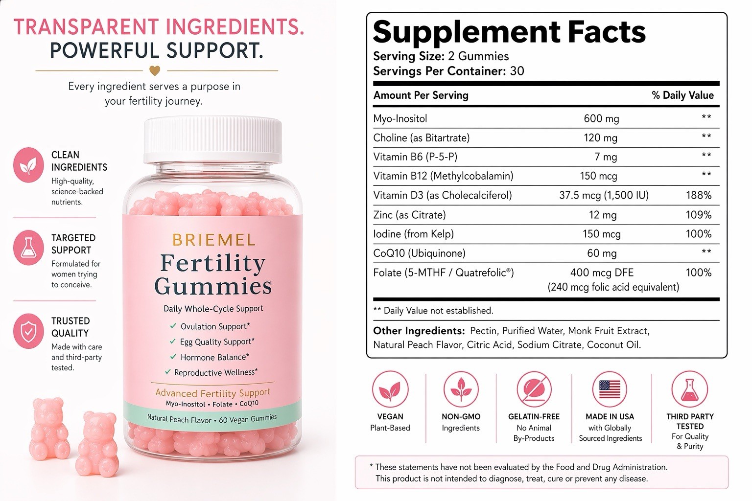Fertility Gummies Ovulation Egg Quality Hormone Support Peach 60 Gummies