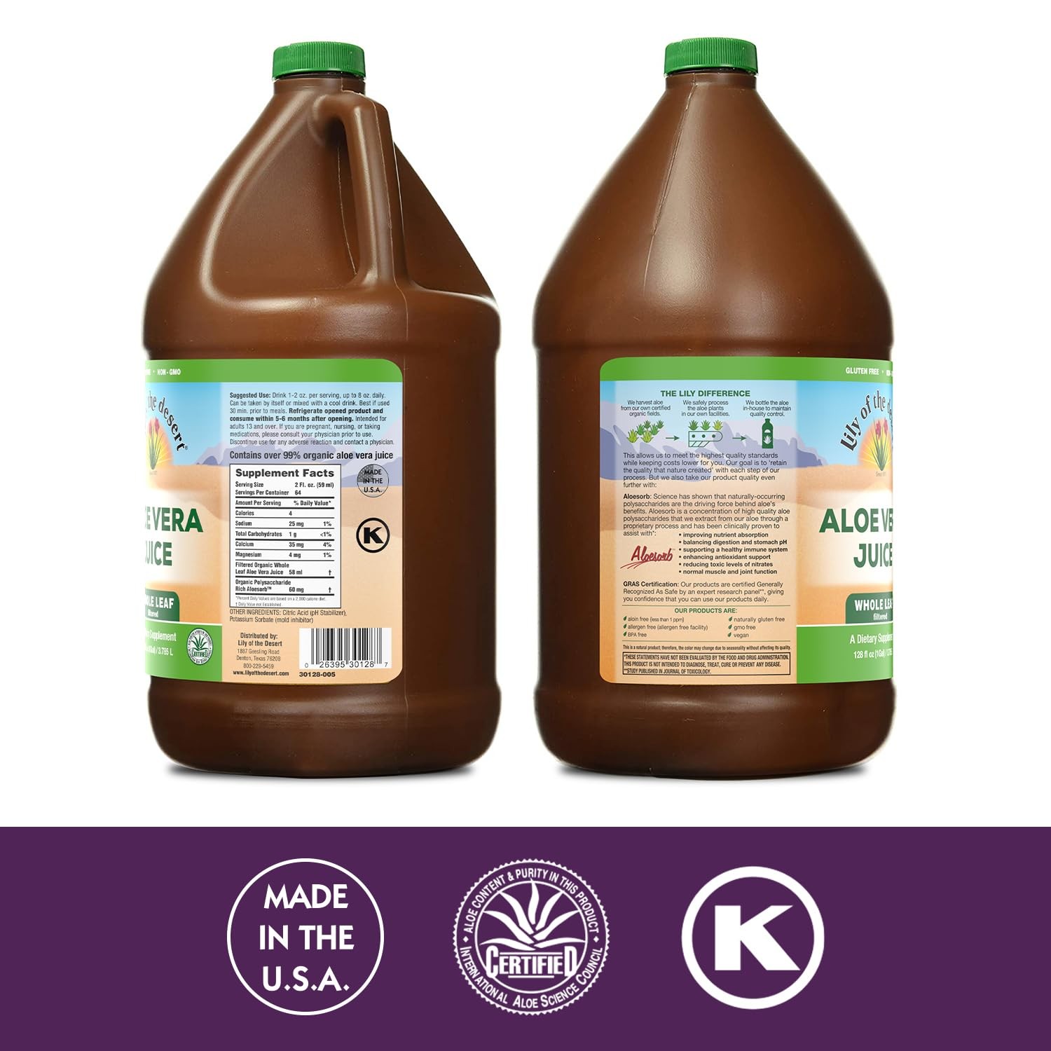 Aloe Vera Juice 128 Fl Oz – Whole Leaf Filtered Non-GMO with Aloesorb – Gut