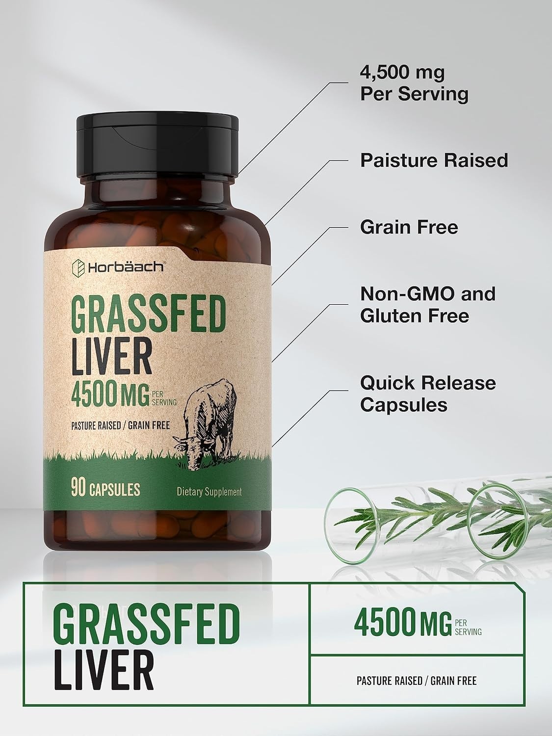 Grass Fed Beef Liver Supplement 4500mg, 90 Count Pasture Raised Non-GMO Horbaach