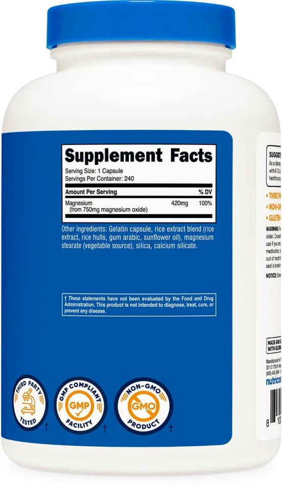 Nutricost Magnesium Oxide 750mg, 240 Capsules – 420mg of Magnesium