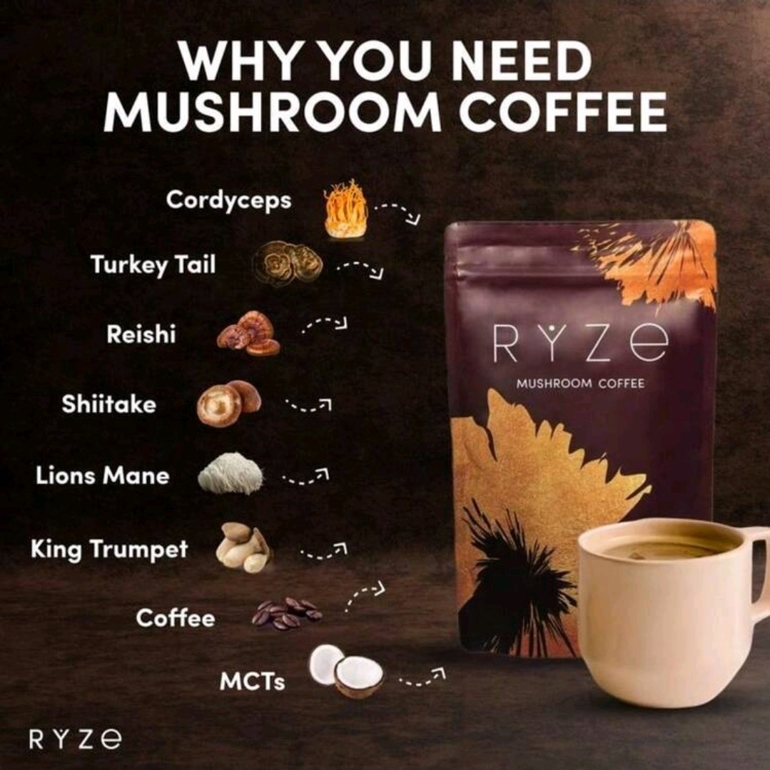 RY-ZE Organic Mushroom Coffee (30 Servings) | 6 Adaptogens + MCT Oil,