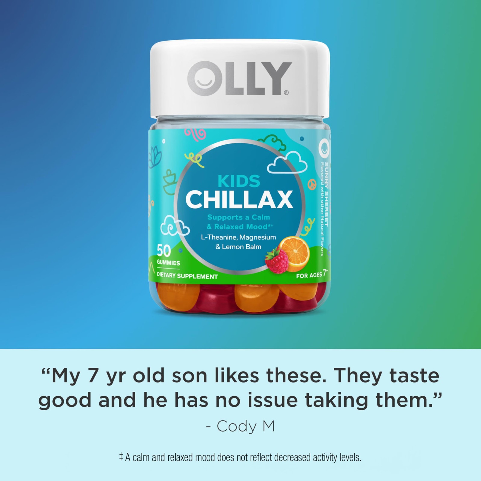 OLLY Kids Chillax Gummy, For a Calm and Relaxed 50 Count (Pack of 1), Sherbet