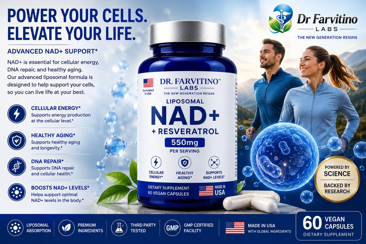 NAD+ 550mg Anti-Aging Formula – Resveratrol for Cellular Energy | 60 Caps