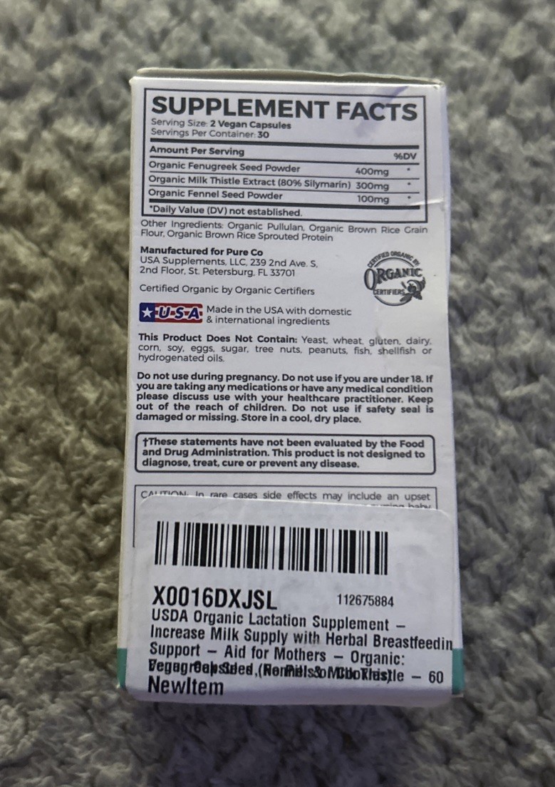 PureMom ~ Organic Lactation Support ~ 60 Caps ~ Sealed ~ 07/2025