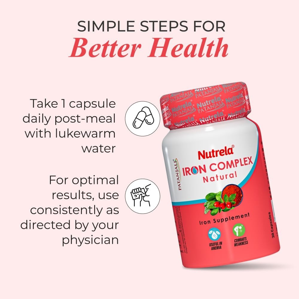 Patanjali Nutrela Iron Complex Natural Supplement 30 Capsule Each (pack of 3)