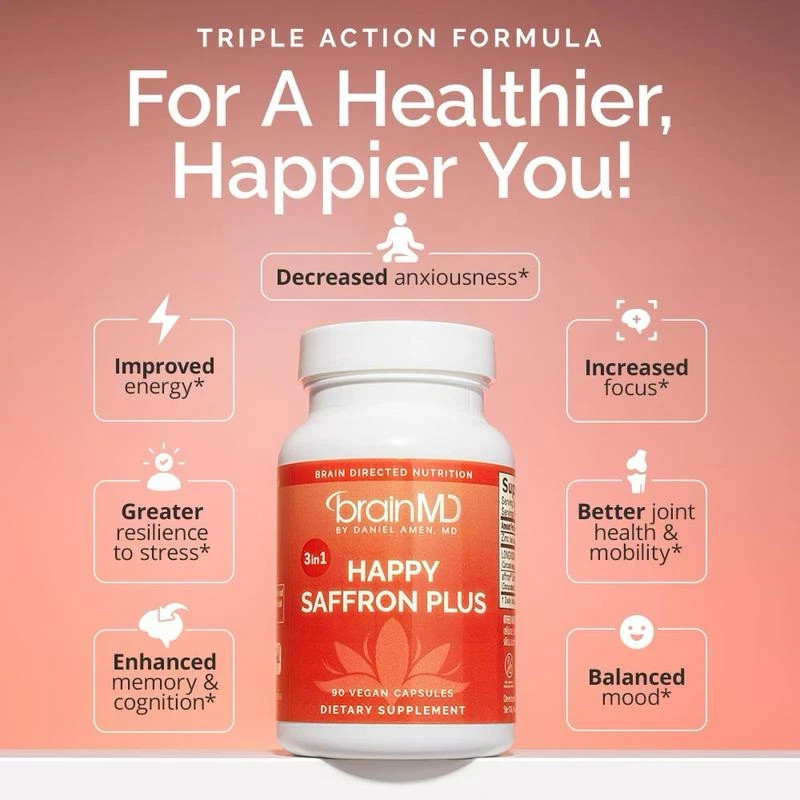Happy Saffron Plus Supplement, Gluten Dairy & Egg Free for Wellness Support