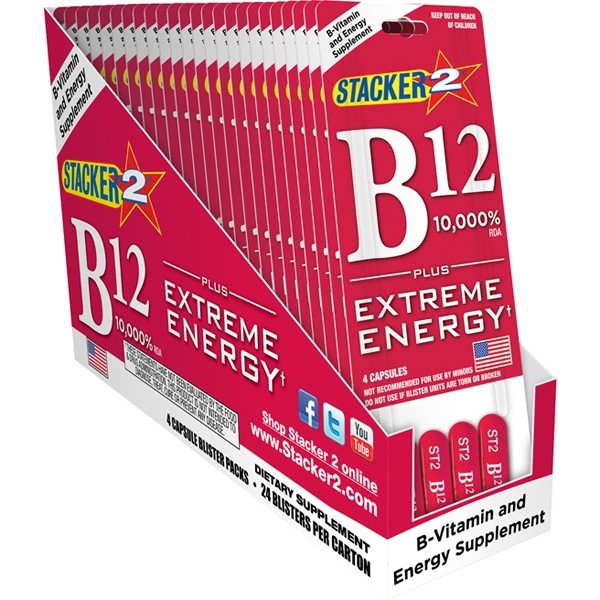 Genuine Stacker B12 Extreme Energy 4/Card (Lot of 6 Cards)= 24 Capsules B12 24