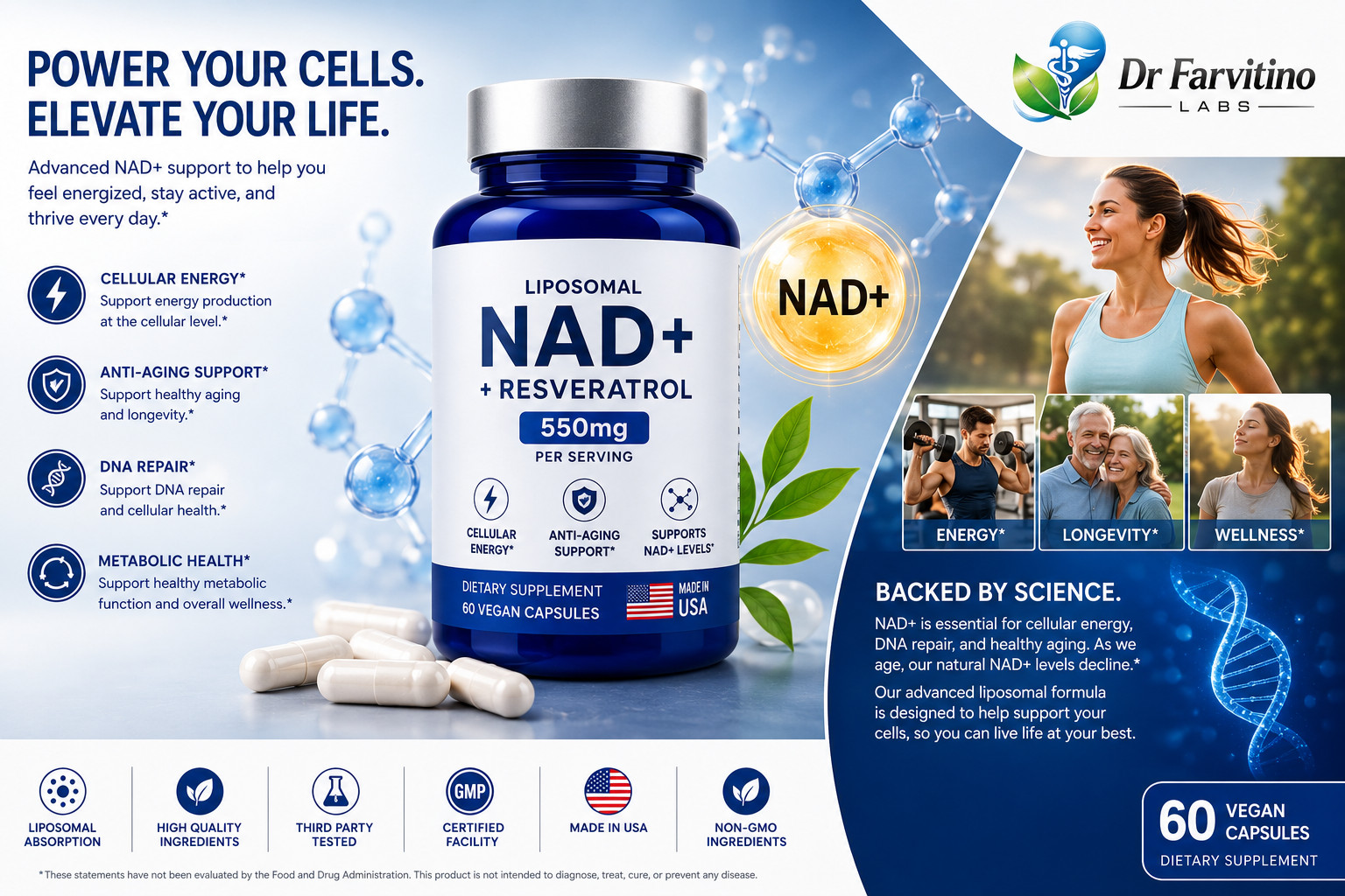 NAD+ 550mg Anti-Aging Formula – Resveratrol for Cellular Energy | 60 Caps