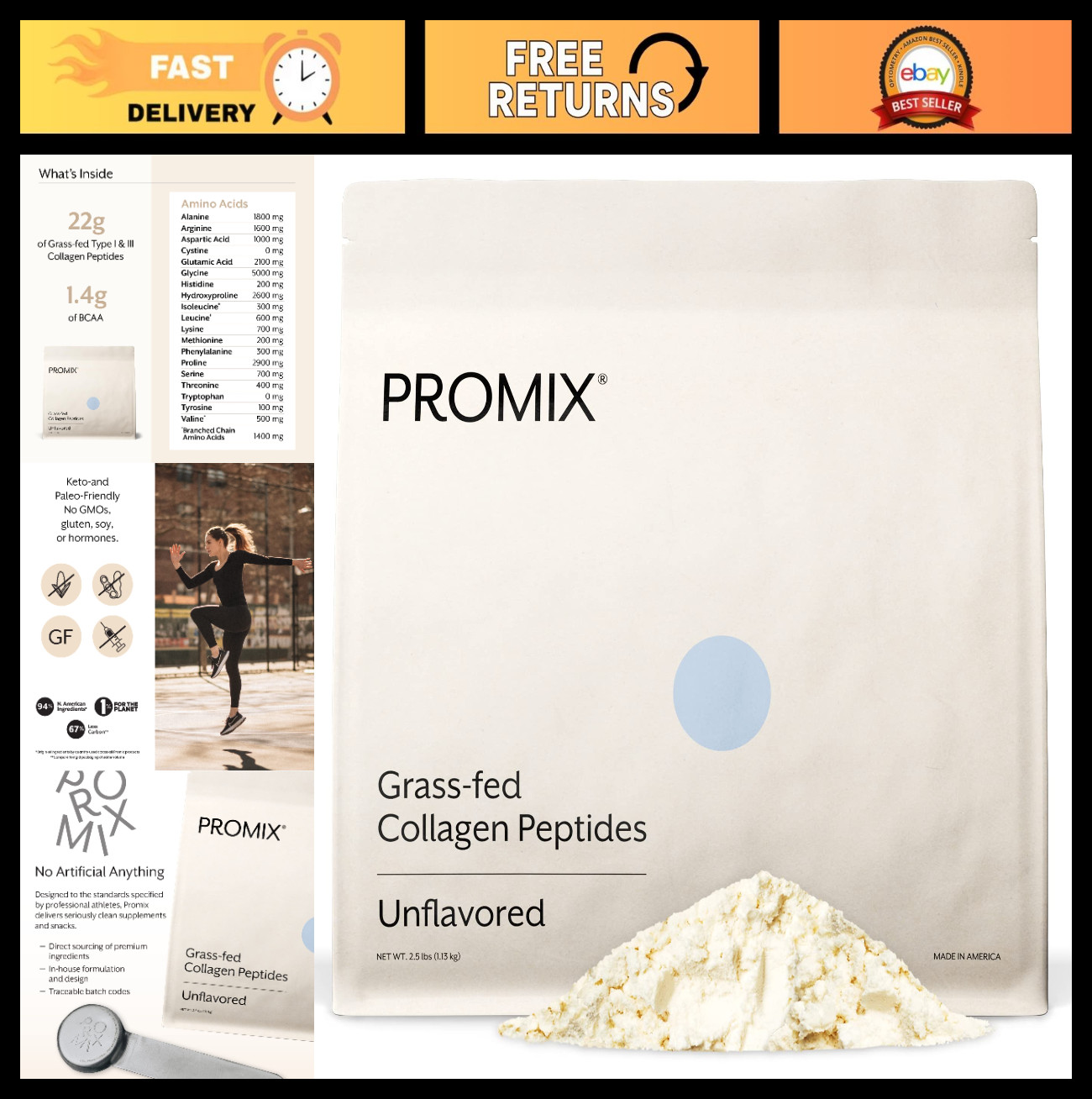 Collagen Peptides Powder Unflavored 2.5lb | Skin Elasticity, Hair & Nail Support
