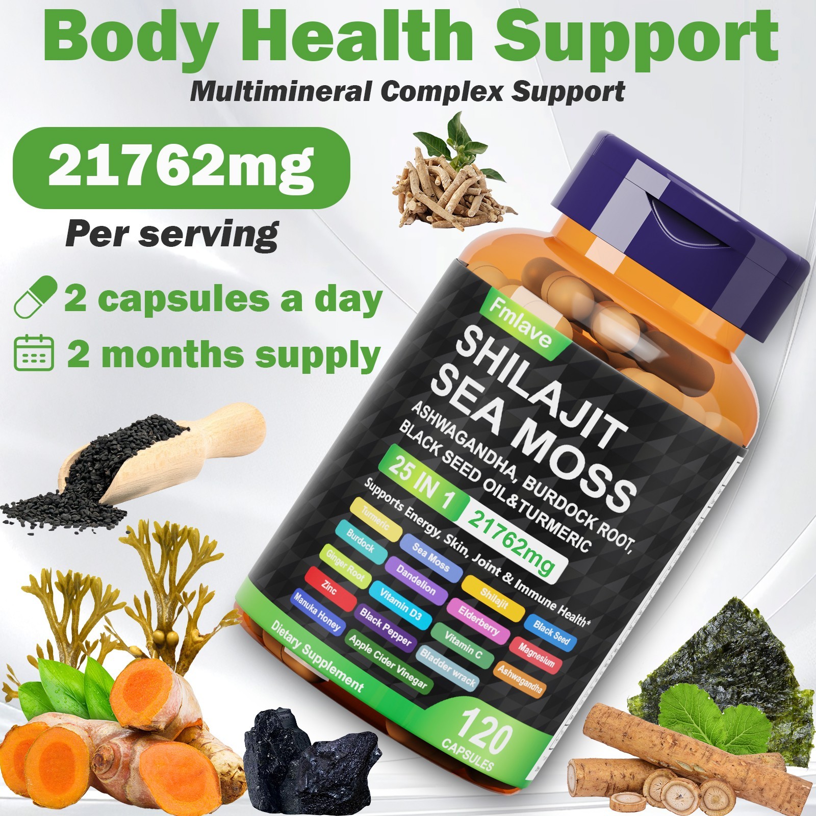 Shilajit Supplement 6000Mg, Sea Moss 6000Mg, Ashwagandha 1800Mg Turmeric 120caps
