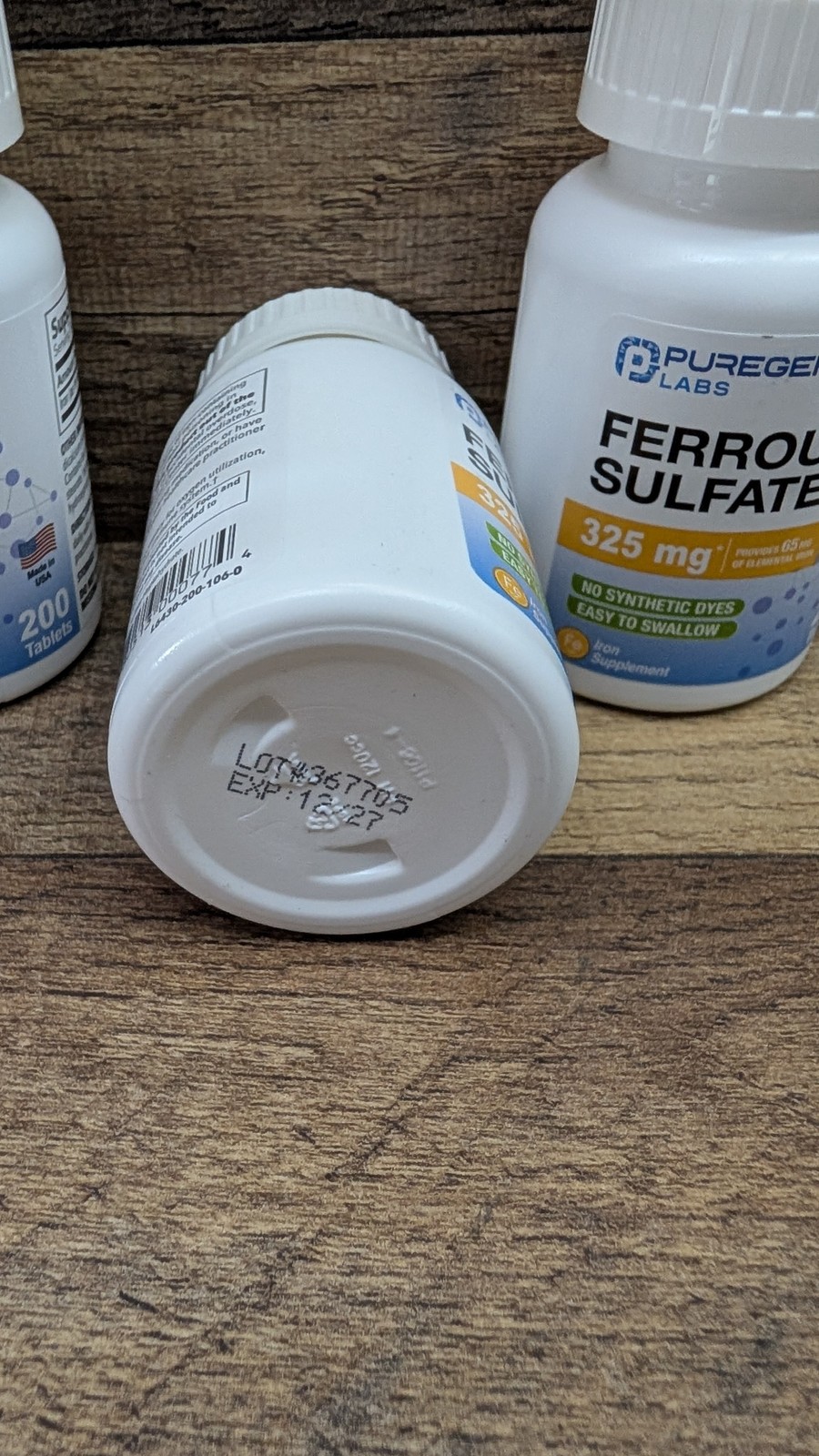 Puregen Ferrous Sulfate 325 mg 65 mg Elemental Iron High Potency Iron 200 Tabs