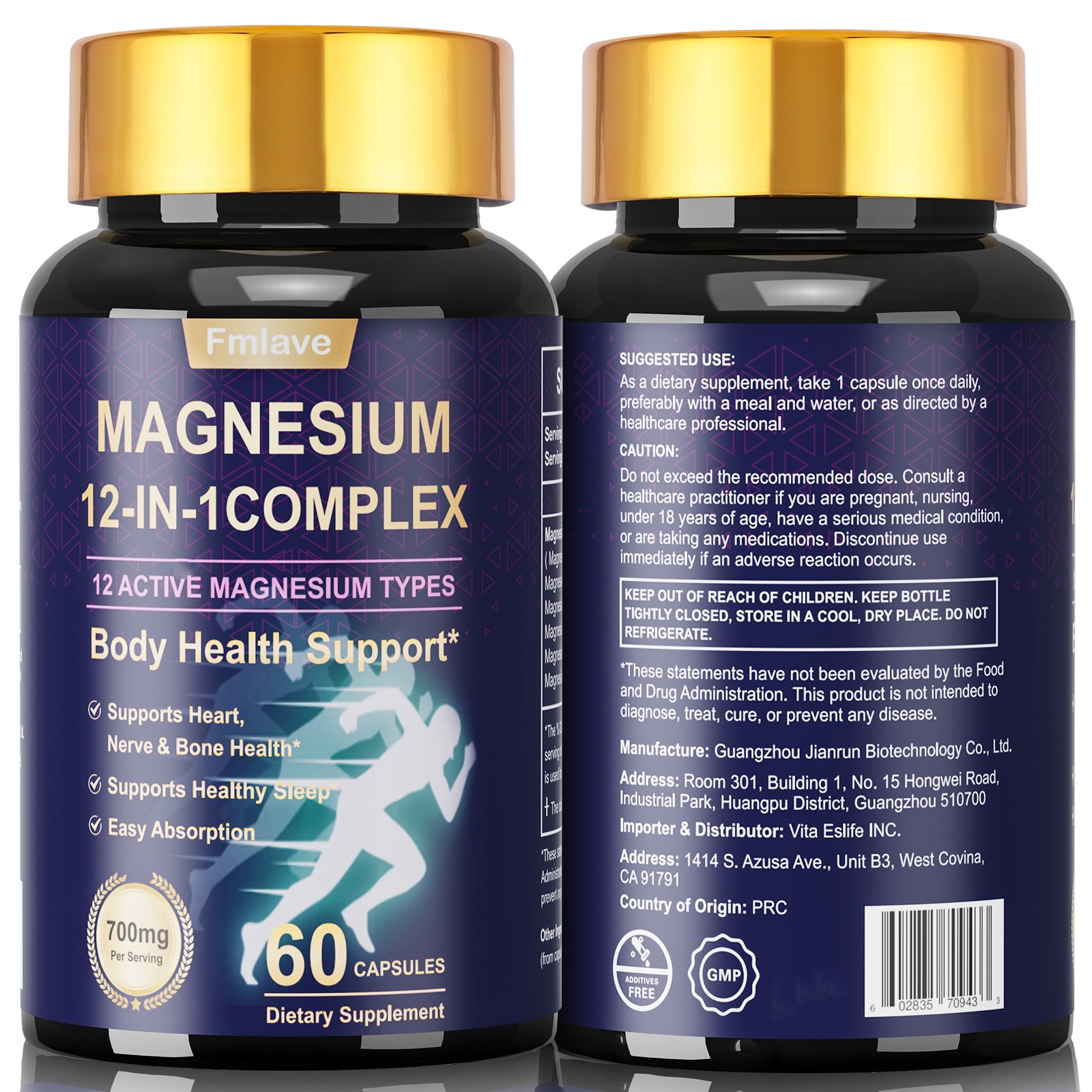 Magnesium Complex Supplement, 700 mg, 12 in 1 High Absorption Chelated Magnesium