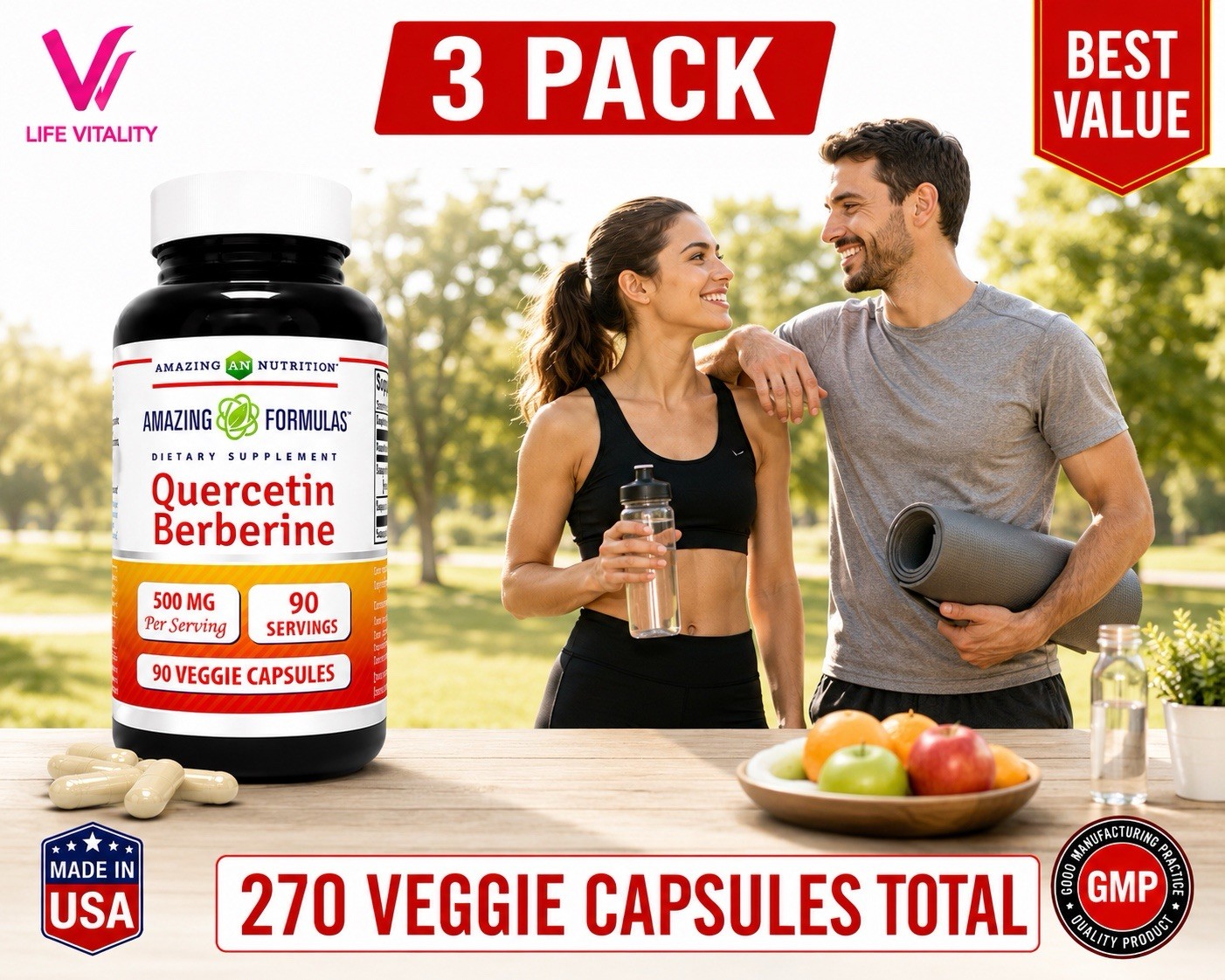 Quercetin Berberine 500mg 3 Pack 270 Veggie Capsules Antioxidant Supplement
