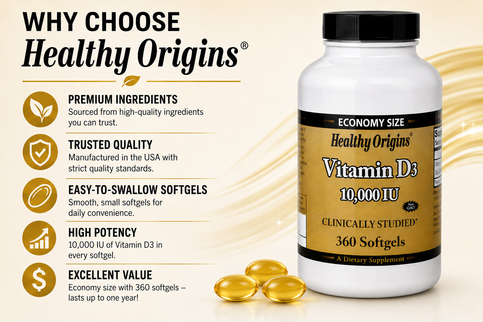 Healthy Origins Vitamin D3 10,000 IU 360 Softgels Non-GMO Bone Immune Support