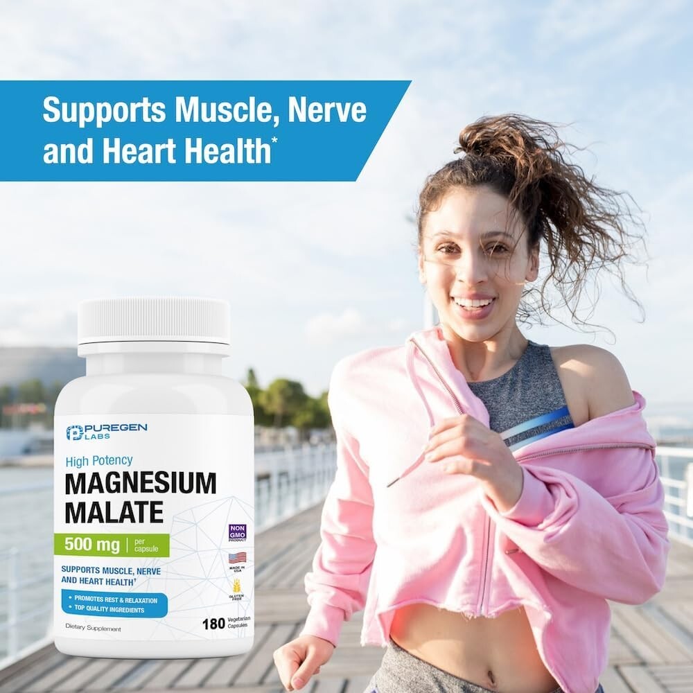 Puregen Labs Magnesium Malate | 500 mg. 180 Vegetarian capsules | Exp 6/27