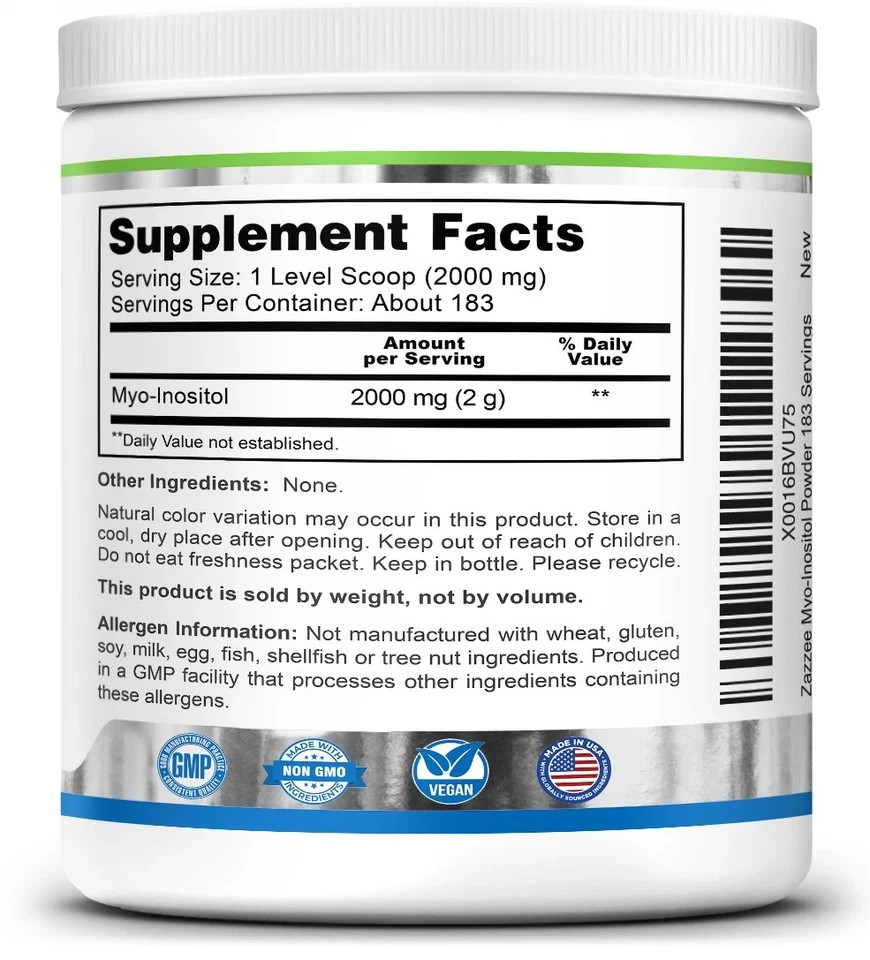 Zazzee Myo Inositol Powder 2000mg 183 Servings 12.91oz Kosher USA Made