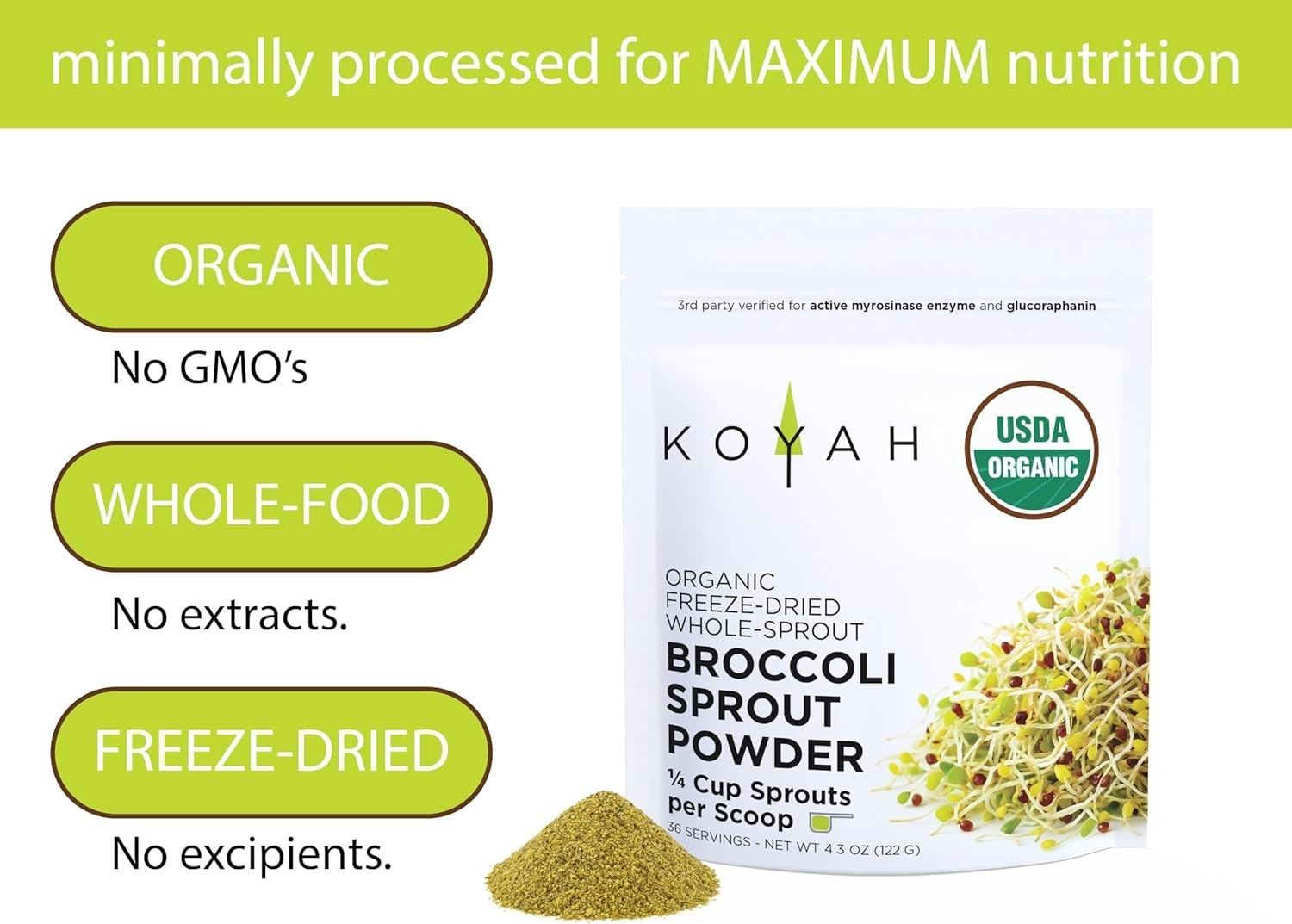 KOYAH Organic Broccoli Sprout Powder Freeze-Dried Active Myrosinase 36 Servings