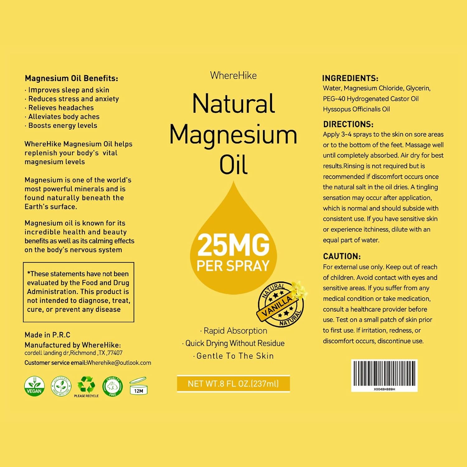 Magnesium Oil Spray – For Feet, Sleep & Muscle Relief, Vanilla
