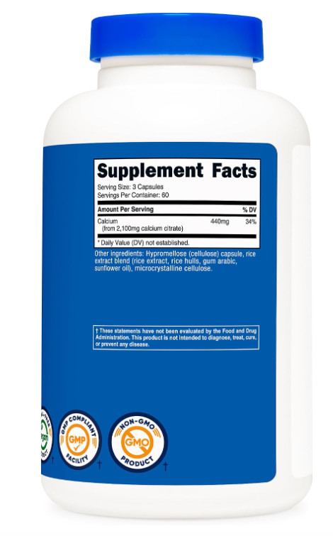 Nutricost Calcium Citrate 2100mg 180 Capsules Bone Health Supplement Non-GMO