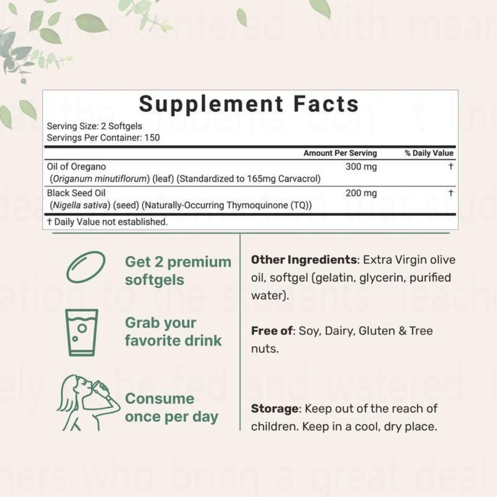 NEW 2 in 1 Oil of Oregano & Black Seed Softgels Count Carvacrol,Immune Support