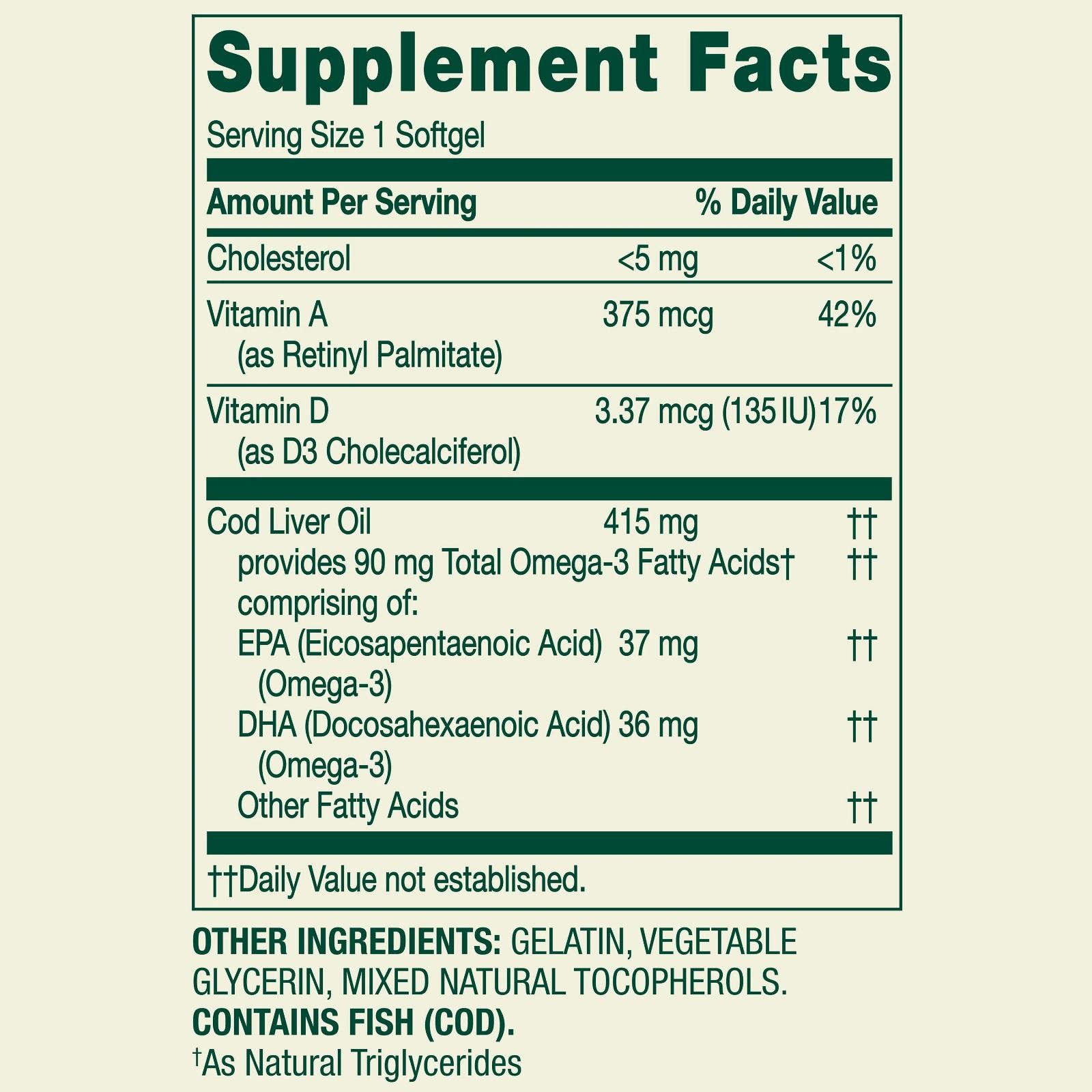 Spring Valley Cod Liver Oil Vitamins A & D3 Bone Skin Health Vision 100 Softgels