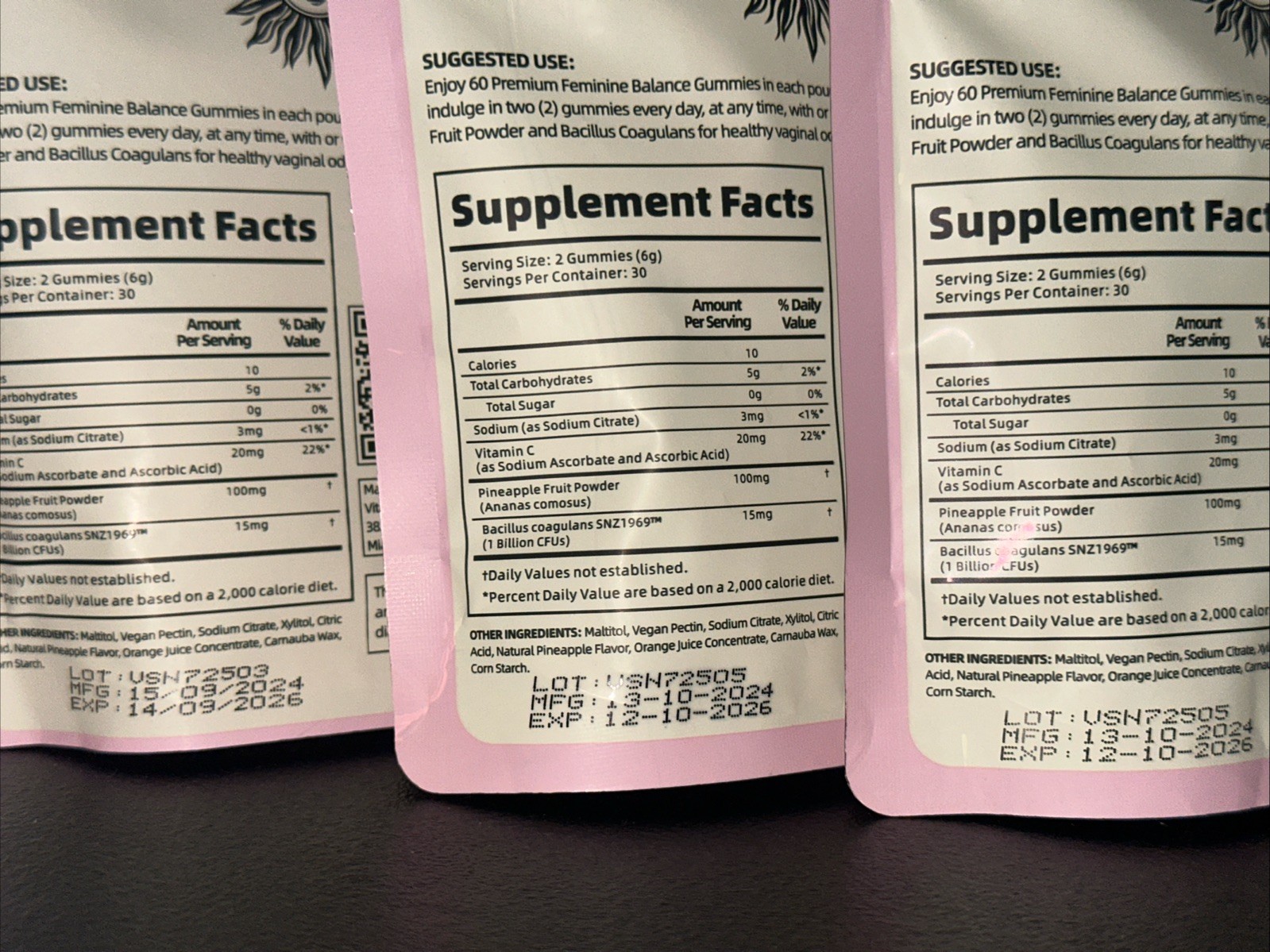 Lot Of 3 Pineapple Vital Source Nutrition Premium Feminine Balance Gummies 60